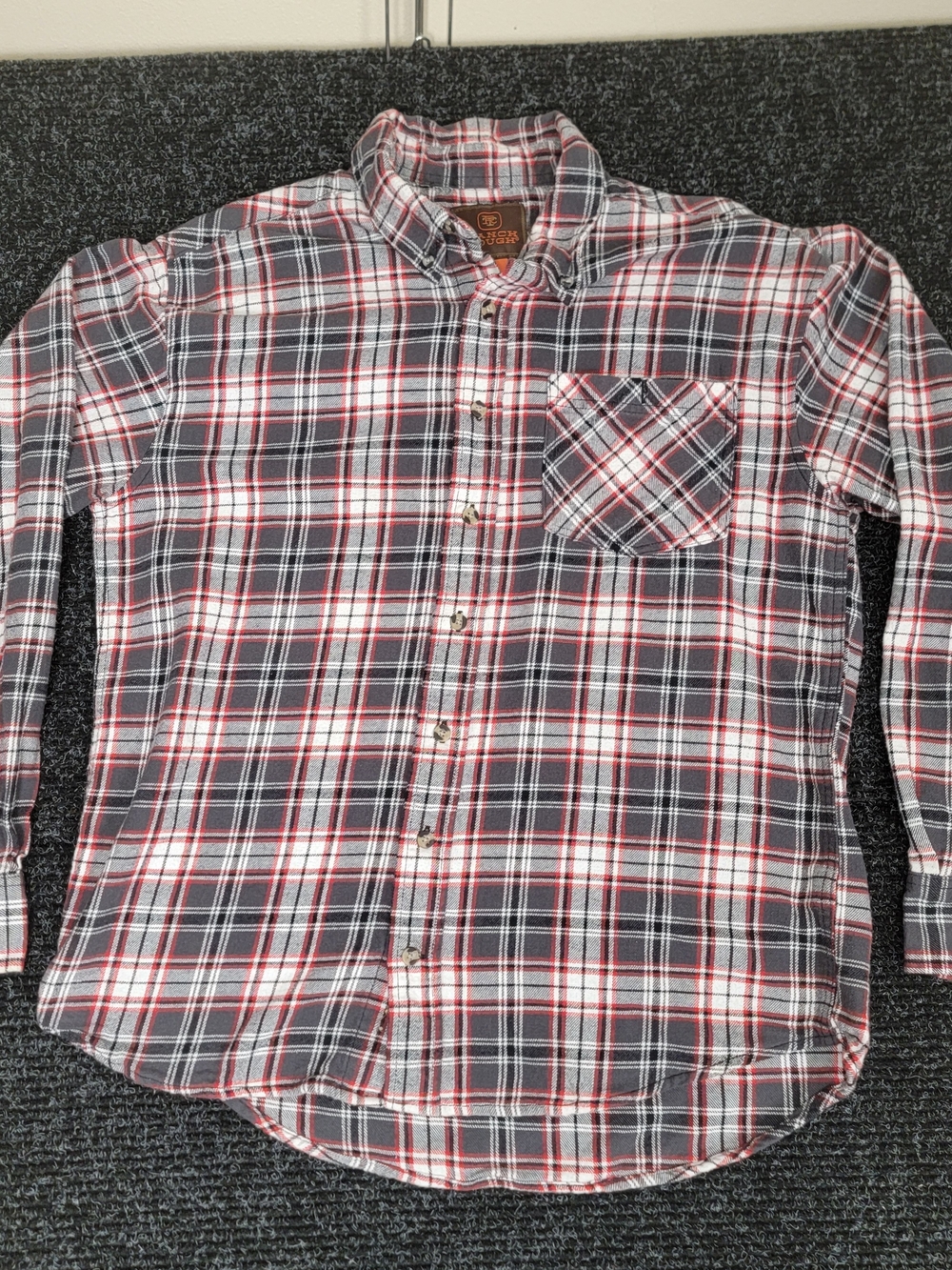 Ranch Tough Flannel Shirt Men's L Red Black Plaid 100% Cotton Western Button Up